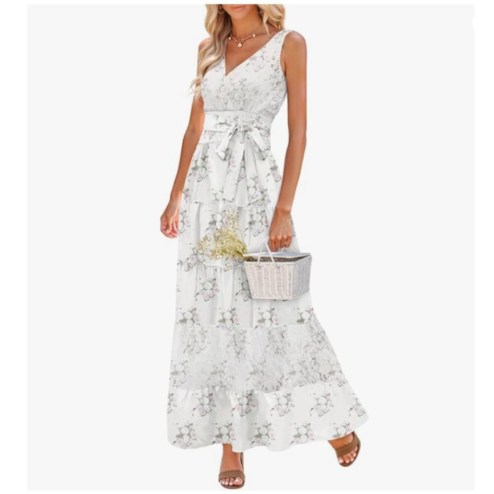 LUXVEER V Neck Sleeveless Maxi Floral Tank Dress with Pockets Size M NWT